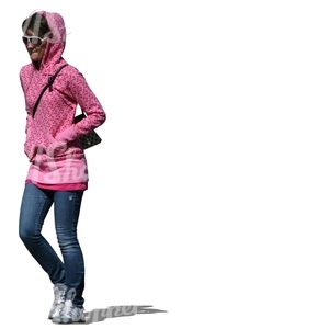 woman wearing a pink hoodie walking