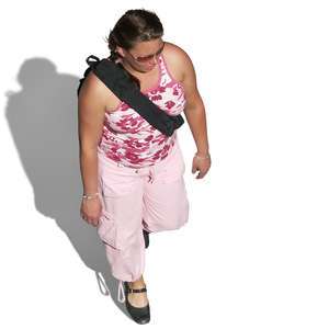 woman in a pink outfit seen from above
