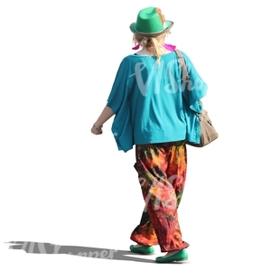 woman in colorful clothes walking