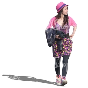 woman in a pink outfit walking