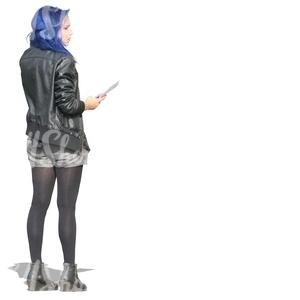 blue-haired woman standing