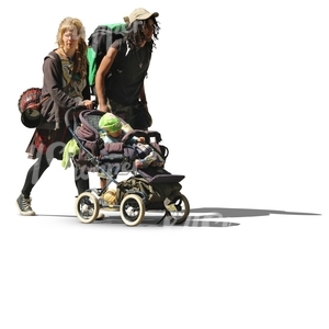 bohemian family pushing a baby stroller