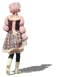 young woman in a pink costume walking