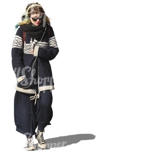 woman in a big black sweater walking