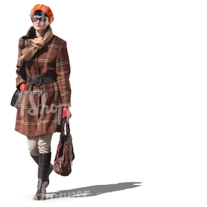 woman with an orange beret walking
