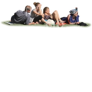 group of four people sitting on the grass