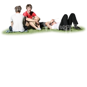 three young men having a picnic on the grass