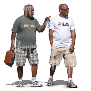 two black men standing and looking at smth