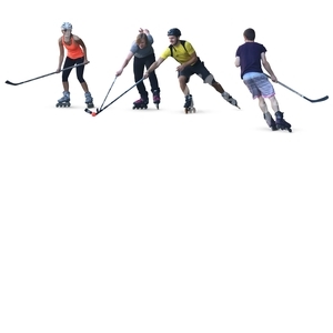 four people playing a roller hockey