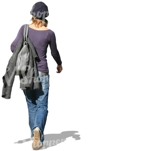 woman with a dark purple hat walking