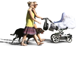 two women and a dog walking with a baby carriage