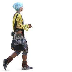 woman with a blue head scarf walking