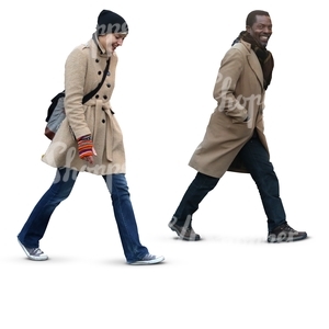 a man and a woman walking together and laughing