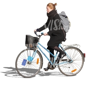 woman with a backpack riding a blue bike
