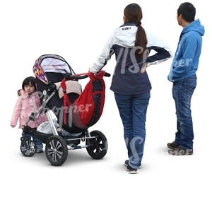 asian family with a baby stroller