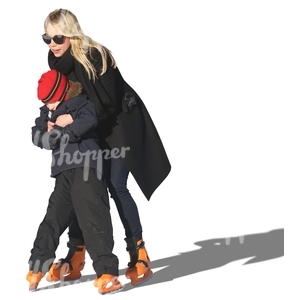 mother and son skating together