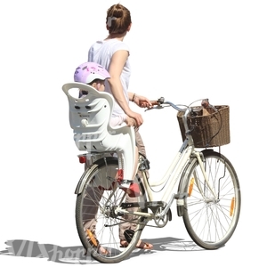 woman pushing a bicycle with a child on it