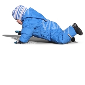 toddler in a blue bunting playing on the ground