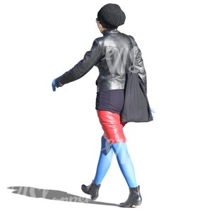 woman in a colorful outfit walking