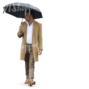 man in a formal beige coat walking under an umbrella