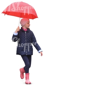 girl with pink wellies walking under a red dotted umbrella