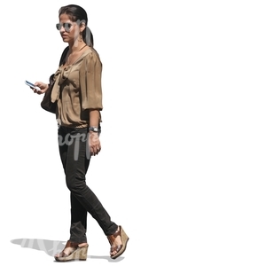 cut out woman walking with a phone on her hand