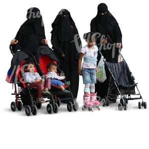 three muslim women walking with children