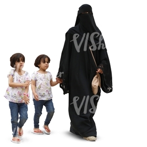 arab woman walking with two children