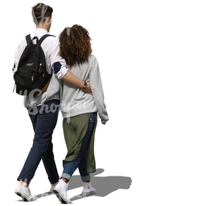 man and woman walking arms around each other
