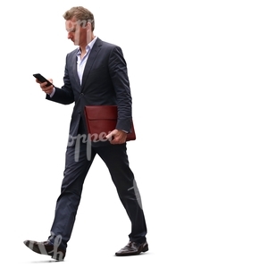 cut out businessman walking hastily with a phone in his hand