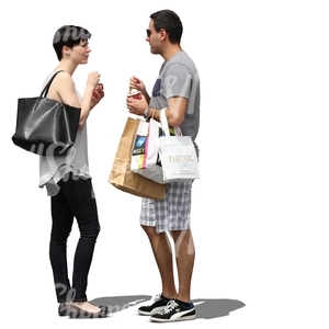 man and woman with many shopping bags standing and eating ice cream