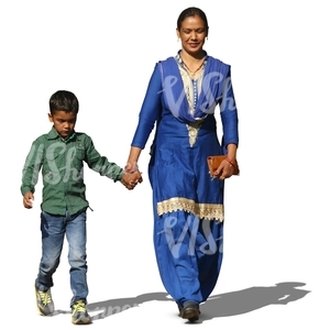 indian woman walking hand in hand with her son