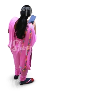 indian woman in a pink sari standing seen from above