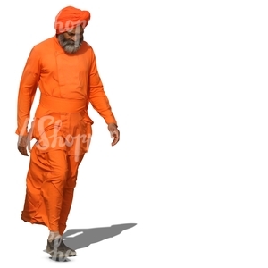 older hindu man in an orange costume walking