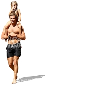 father carrying his daughter on his shoulders on the beach