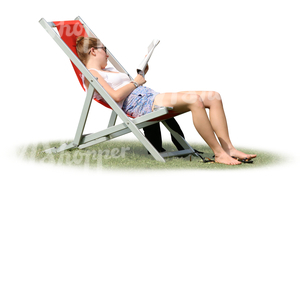 woman sitting in a sling chair and reading a magazine.