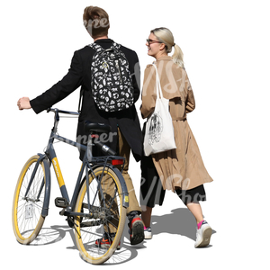 man with a bike walking with a blonde woman