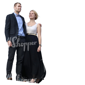 couple in formal wear standing on a balcony