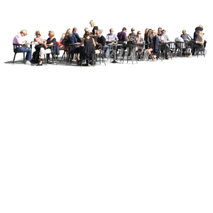 large group of people sitting in a street cafe
