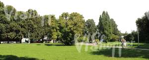 park with people walking on the sidewalk