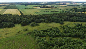 aerial view of a landscape with fields and shrubbery