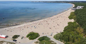 aerial photo of a beach filled with people