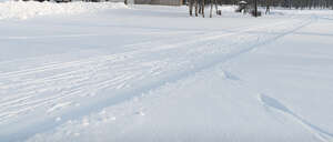 snow covered field with ski tracks