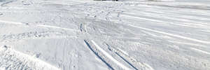 sunny field of snow with tyre tracks