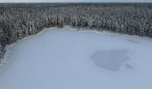 aerial view of a frozen lake and forest in winter
