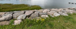 large rocks on the grassy shore