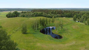 aerial view of a pond in the grassland