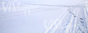 field of snow with snowmobile tracks