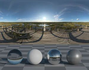 HDRI panorama of an aerial view of a bog in sunlight