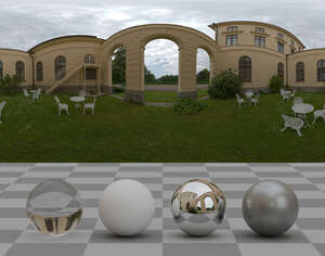 HDRI panoarama of a courtyard of a mansion with chairs and tables